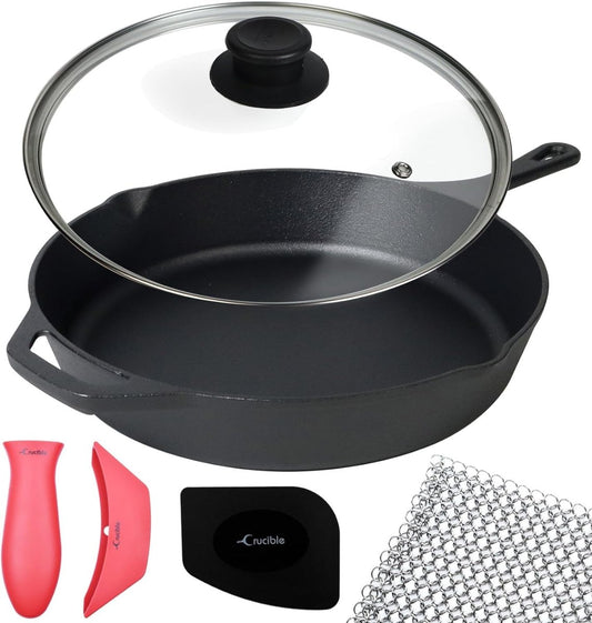 10.25-Inch Cast Iron Skillet Set (Pre-Seasoned), Including Large & Assist Silicone Hot Handle Holders , Glass Lid , Cast Iron Cleaner Chainmail Scrubber , Scraper | Indoor & Outdoor Use Kitchen Cove Connection