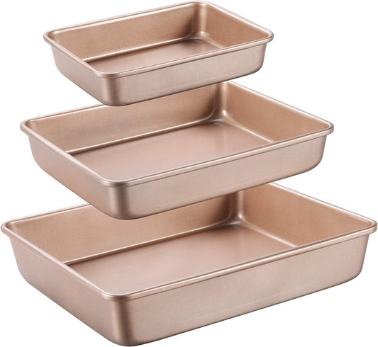 Deep Baking Pans Sets Nonstick,Baking Sheets for Oven,Bakeware Rectangular Cake Pan Set,3 Piece,Gold Kitchen Cove Connection